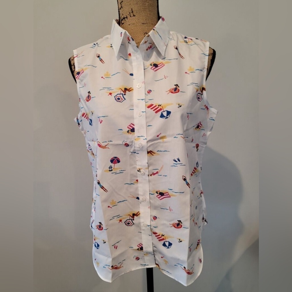 Lands End Women's No-Iron Supima Cotton Sleeveless Shirt Beach Days Size 8 White